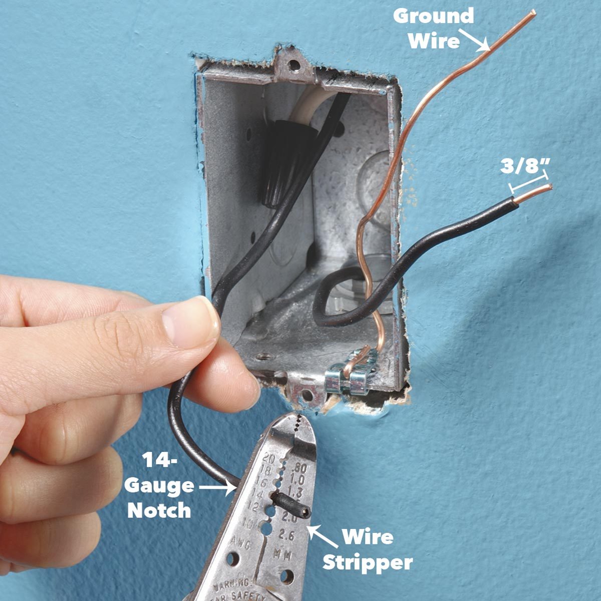 A hand holds a black wire being stripped with wire strippers inside an electrical box, revealing copper and ground wires on a blue wall.