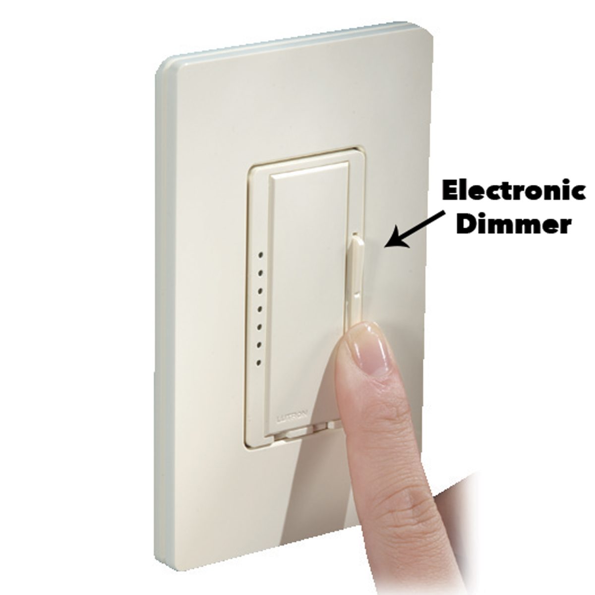 A finger adjusts an electronic dimmer switch mounted on a white wall plate, controlling the lighting intensity in a room. Text indicates "Electronic Dimmer."