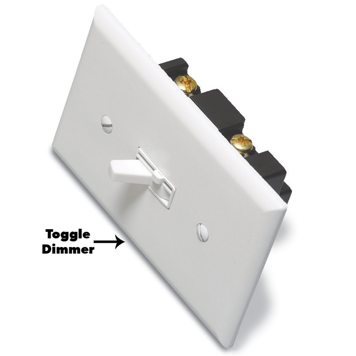 A white toggle dimmer switch with a lever is mounted on a wall plate, featuring electrical connections at the back.