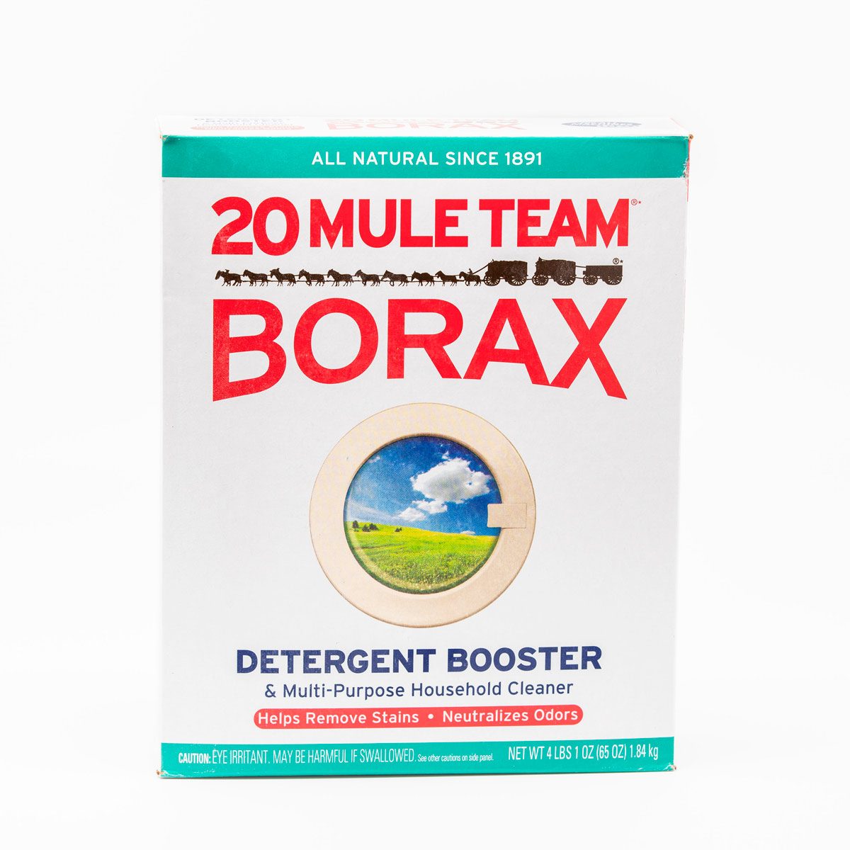A box of 20 Mule Team Borax is displayed, showcasing its role as a detergent booster and household cleaner, emphasizing its natural ingredients since 1891.