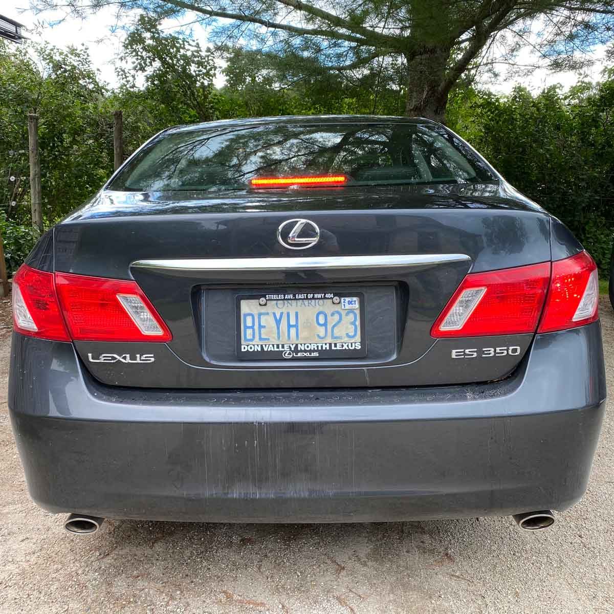 A gray Lexus ES 350 is parked, displaying its rear. The environment is green with trees, and there’s a visible license plate.