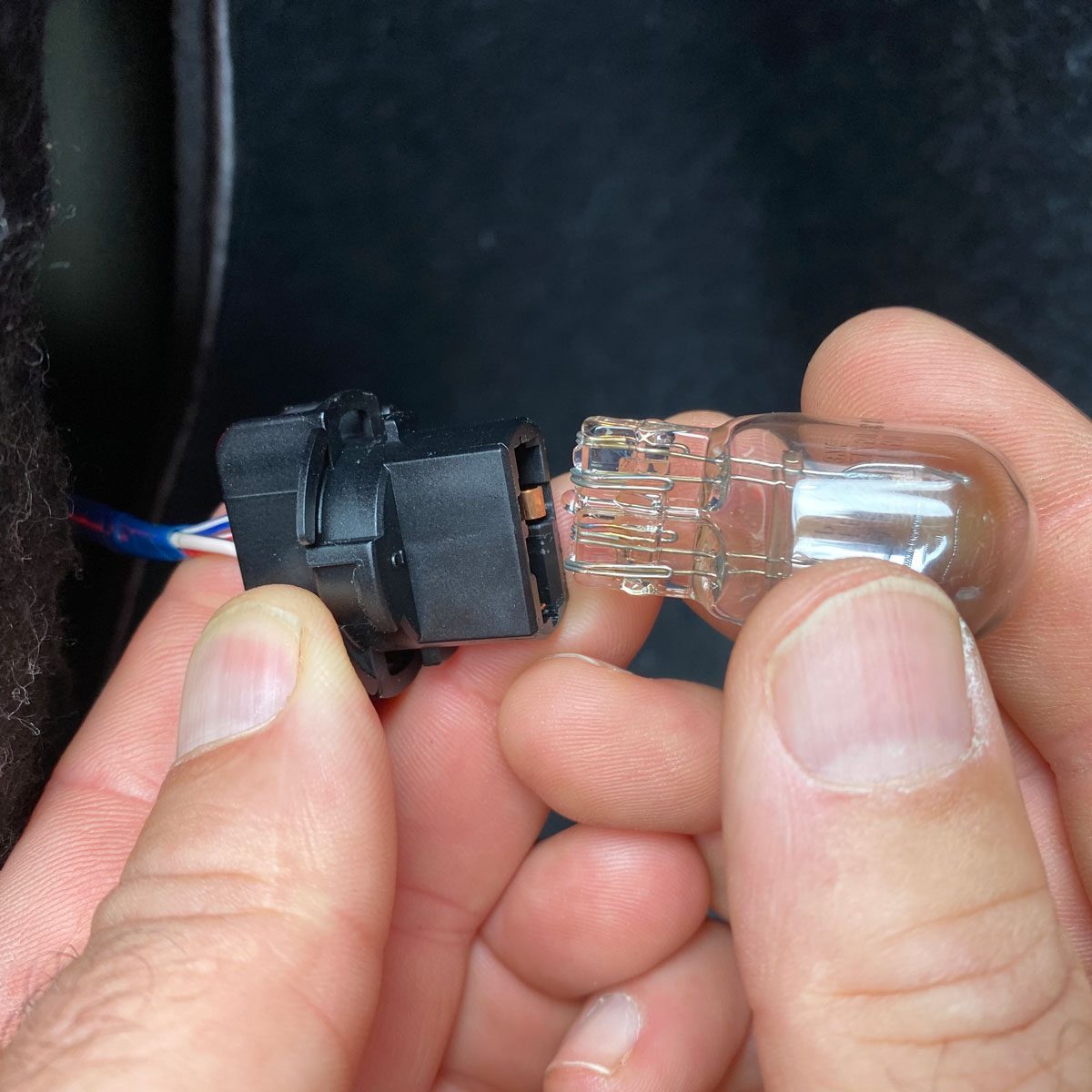 A person connects a glass light bulb to a black electrical connector, surrounded by dark material in a close-up view.