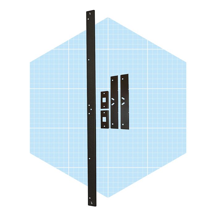 A long black metal strip and several smaller metal pieces are arranged against a blue grid background, designed for construction or assembly purposes.