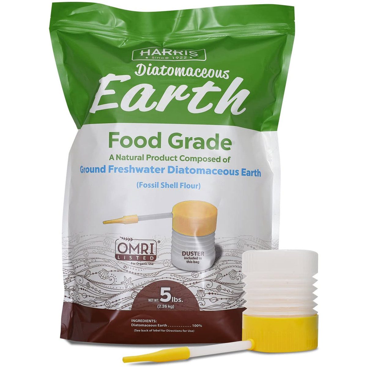 A bag containing food-grade diatomaceous earth is placed next to a yellow duster, intended for dispensing the product in various applications.