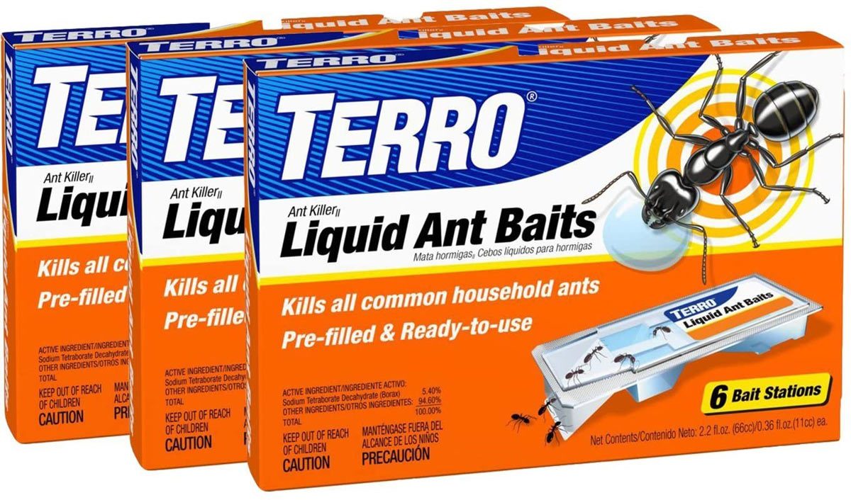 Three boxes of Terro Liquid Ant Baits lay next to each other, promoting ant control with a graphic of an ant and bait stations.