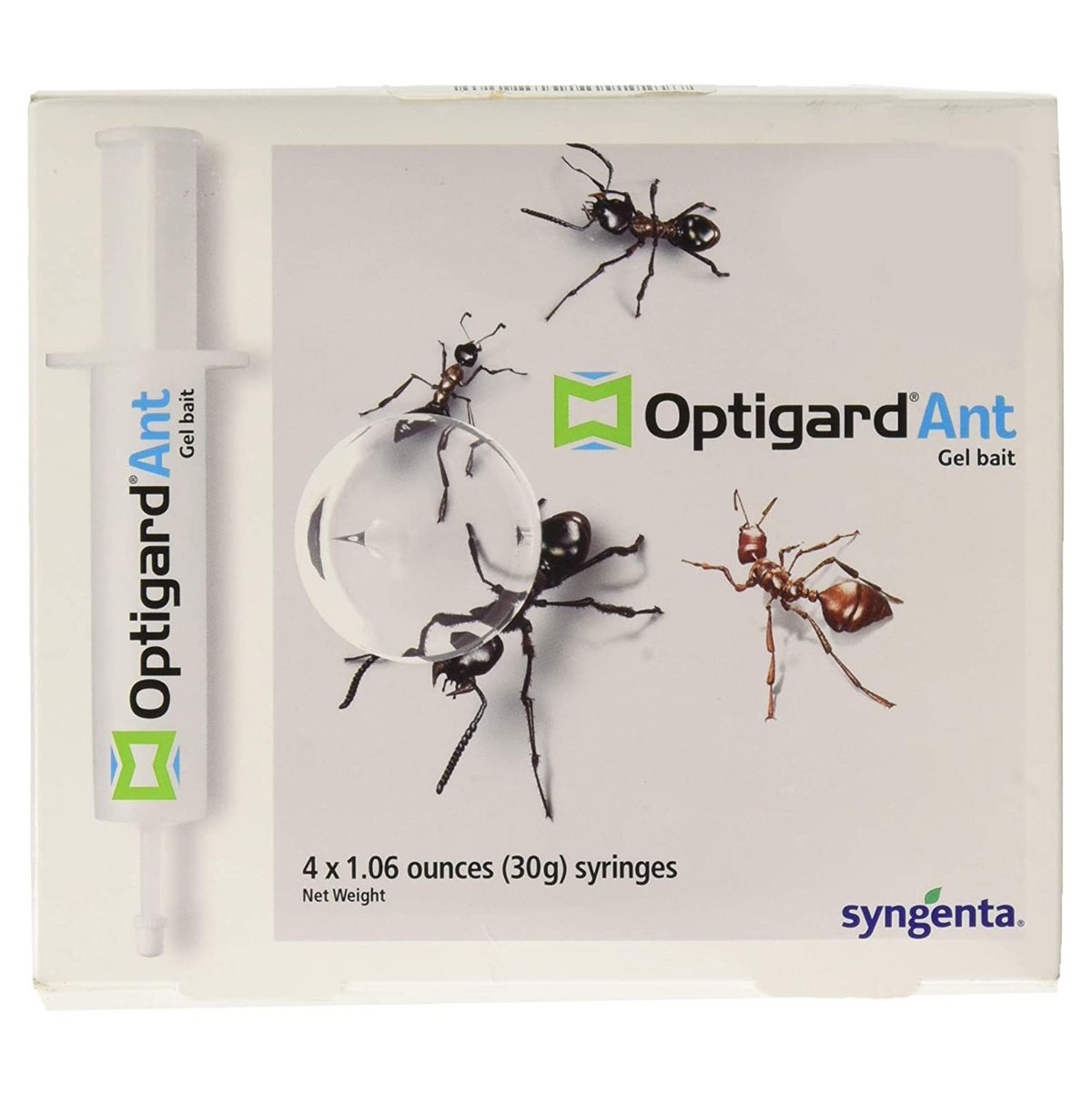 A tube of gel bait for ants sits next to images of ants, showcasing the product for pest control in a clean, labeled package.