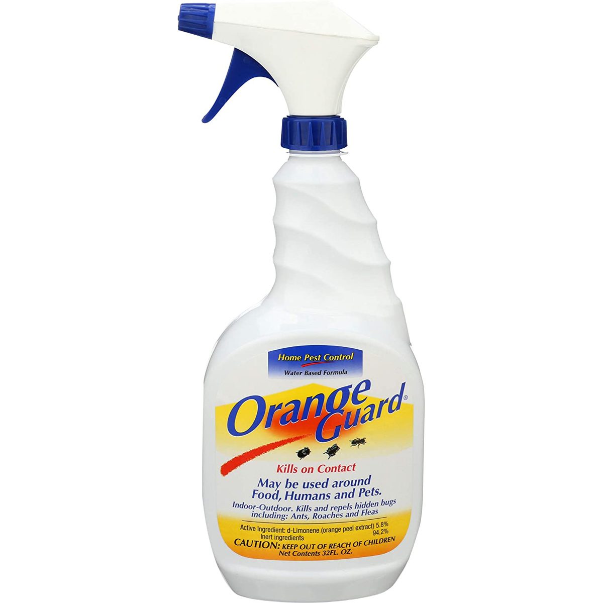 A spray bottle labeled "Orange Guard" dispenses a pest control solution, intended for indoor and outdoor use around food, humans, and pets.