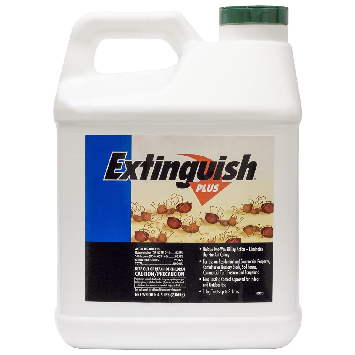 A jug of Extinguish Plus ant bait is displayed prominently, indicating usage for pest control in residential and commercial settings.