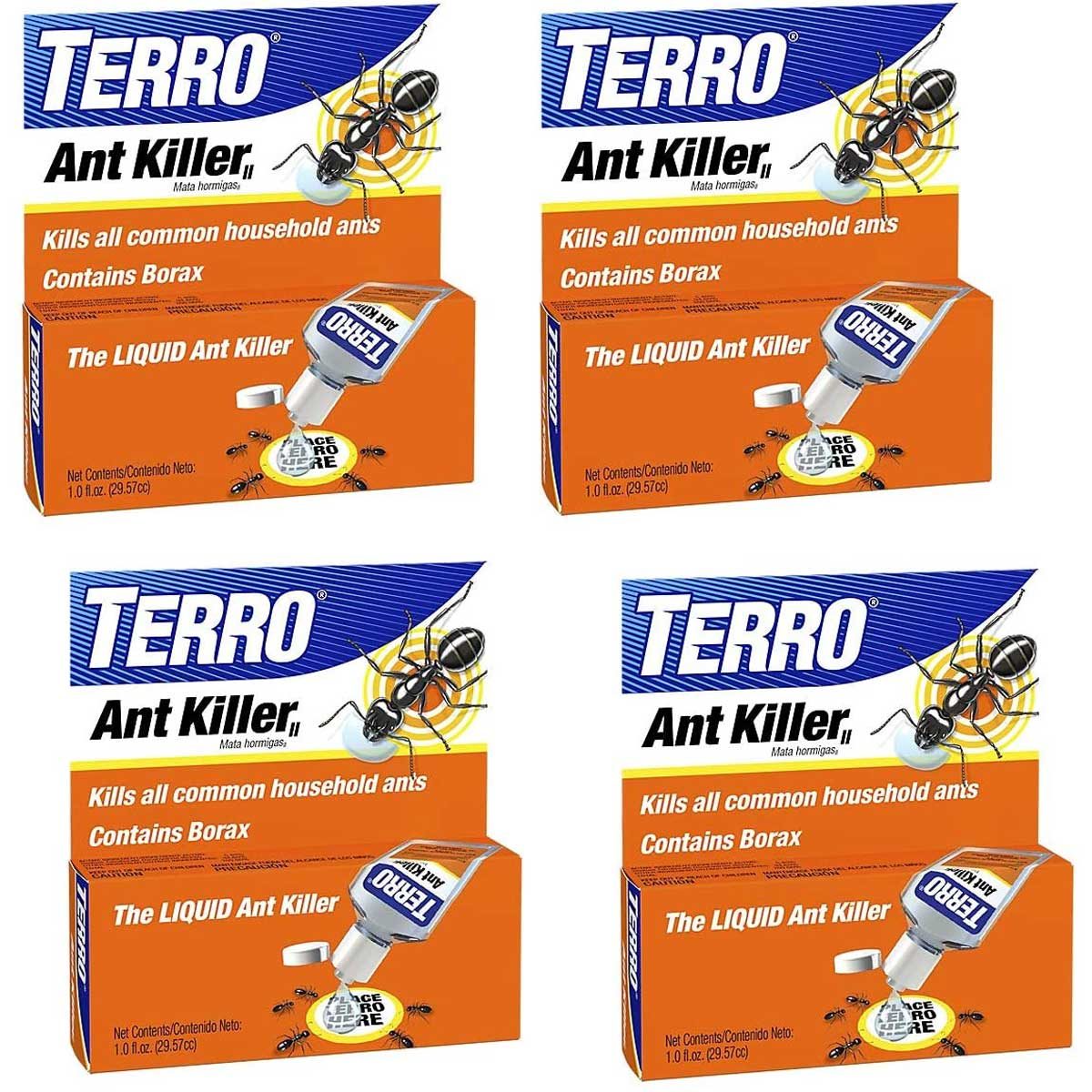 Boxes of Terro Ant Killer are displayed, promoting its effectiveness against household ants while highlighting it contains Borax. The product targets pest control.