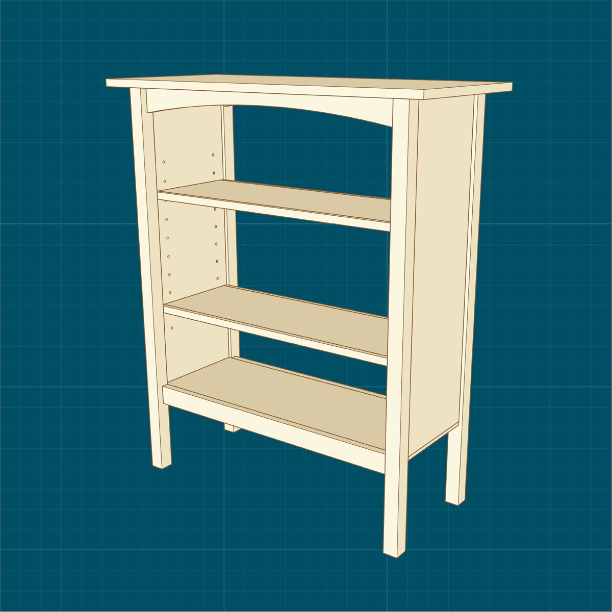 A wooden shelving unit stands upright with three open shelves, set against a grid-patterned teal background, emphasizing its design and structure.