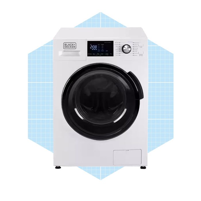 A front-loading washing machine is displayed, showing its large glass door and digital control panel, set against a light blue geometric background.