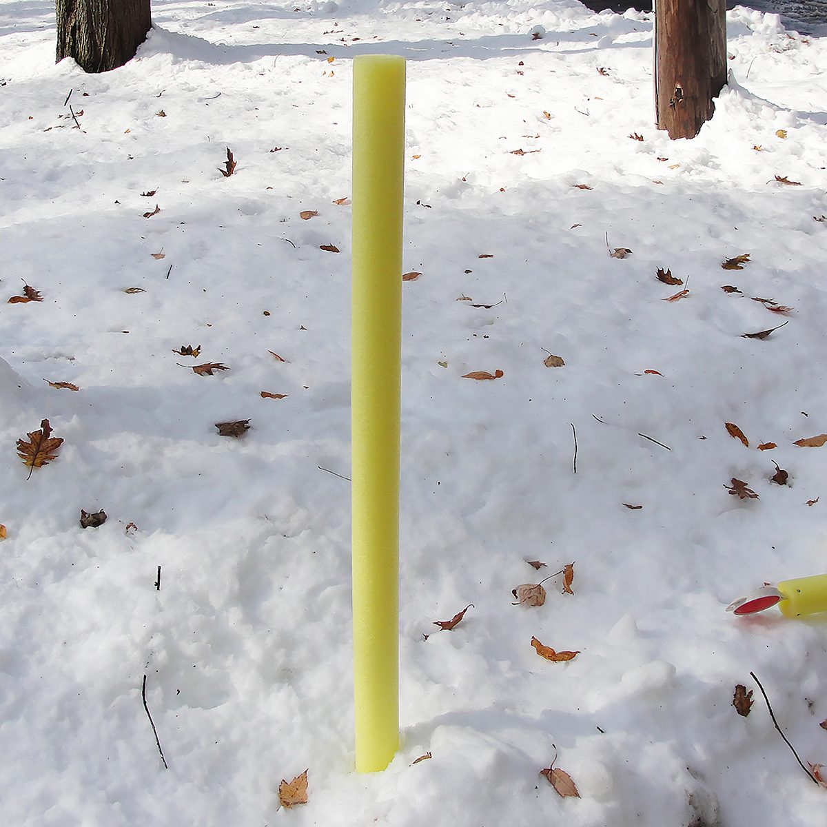 A single yellow foam bat stands upright in a snowy landscape, surrounded by scattered brown leaves, with tree trunks visible in the background.